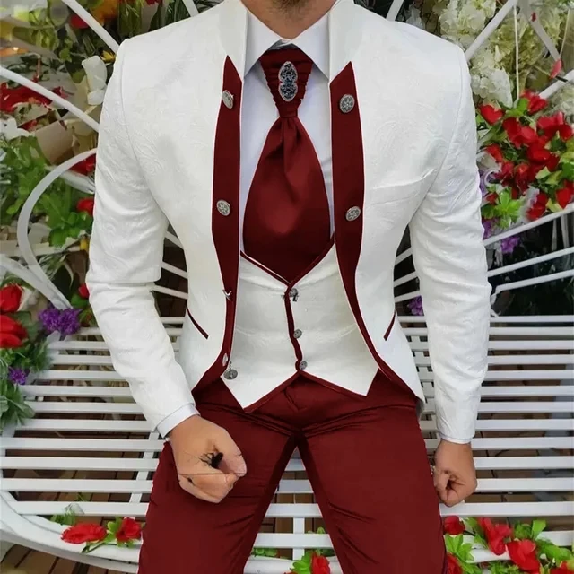 Elegant Jacquard Men Suits 3 Piece High-end Stand Collar Formal Male Suit Slim Fit Wedding Groom Tuxedo (Blazer+Vest+Pants)