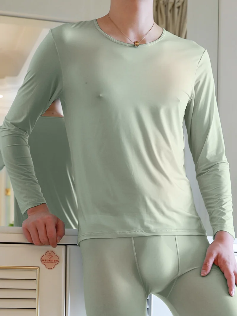Men's Long Johns Set Ice Silk Long Sleeves Tee Tops Set Comfort Man Thermal Underwear