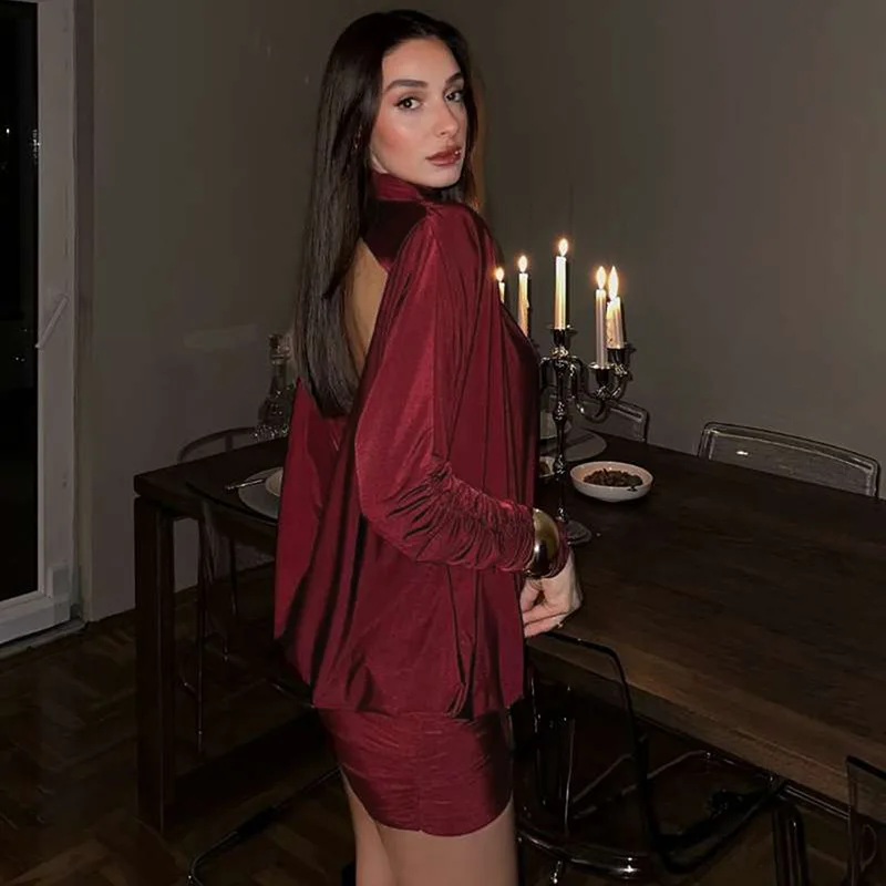 Sukienka mini bez pleców, obcisła, damska, modna, seksowna, z golfem, długi rękaw, marszczona, w stylu hipster, na urodziny, imprezę, do klubu nocnego, streetwear