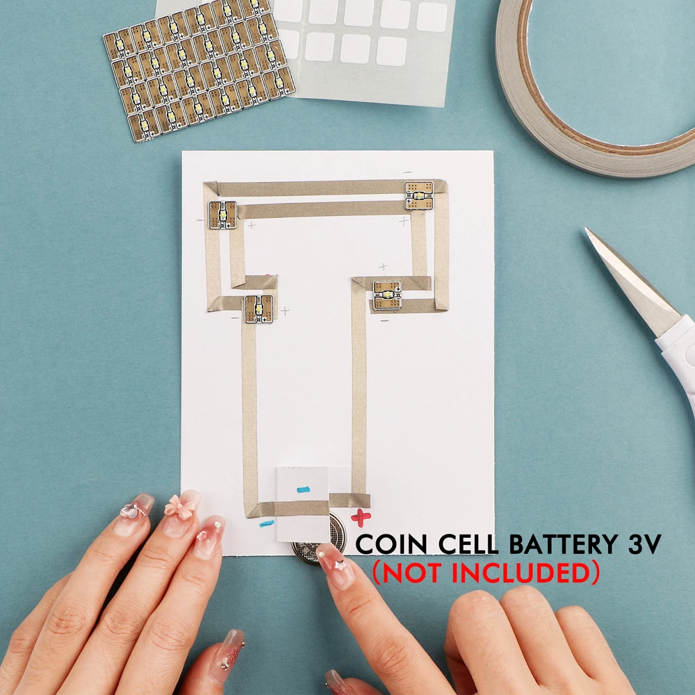 Pegatinas de circuito LED blancas y cinta de tela conductora, kit de manualidades, conexiones de diseño con cinta conductora (sin batería)