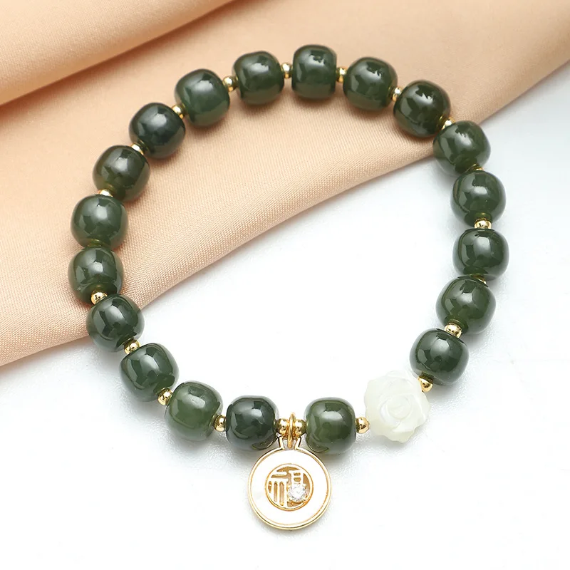 

Natural Hotan jasper Bracelet for women Fuzi beaded bangles Chinese style elegant charm design sense Wedding jewelry gift