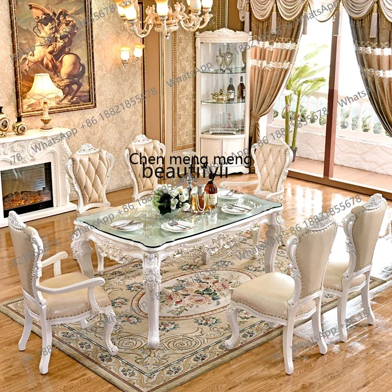 

178European dining table American villa solid wood square table marble surface, dining room furniture square dining table2936