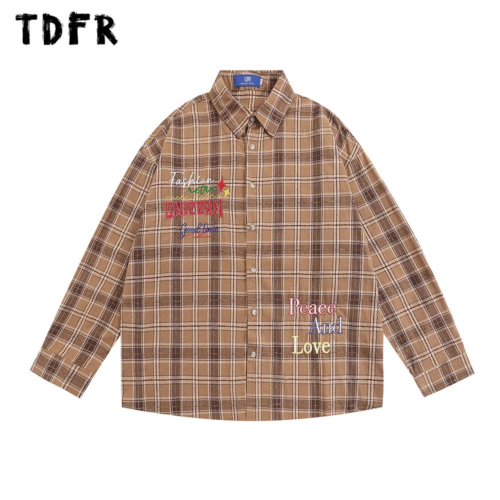 Letter Embroidery Plaid Shirts Mens Autumn Casual Loose Single Breasted Long Sleeve Lapel Shirts Men