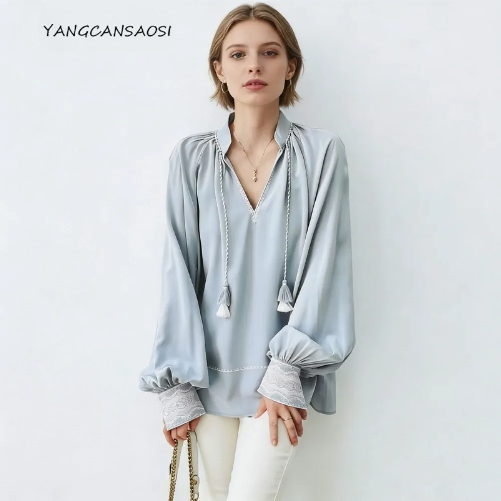 

Commuting Positioning Embroidery Heavy Industry 100% Natural Mulberry Silk Women's Tassel V-neck Long Sleeved Pullover Top