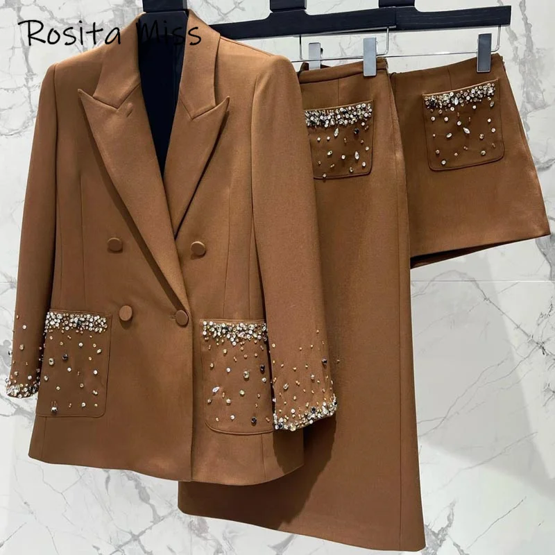 12.7 Women's Clothes Gorgeous Diamonds Crystal Beading Elegant 3 Piece Set Pocket Blazer Or Hem Back Split Skirt Or Shorts