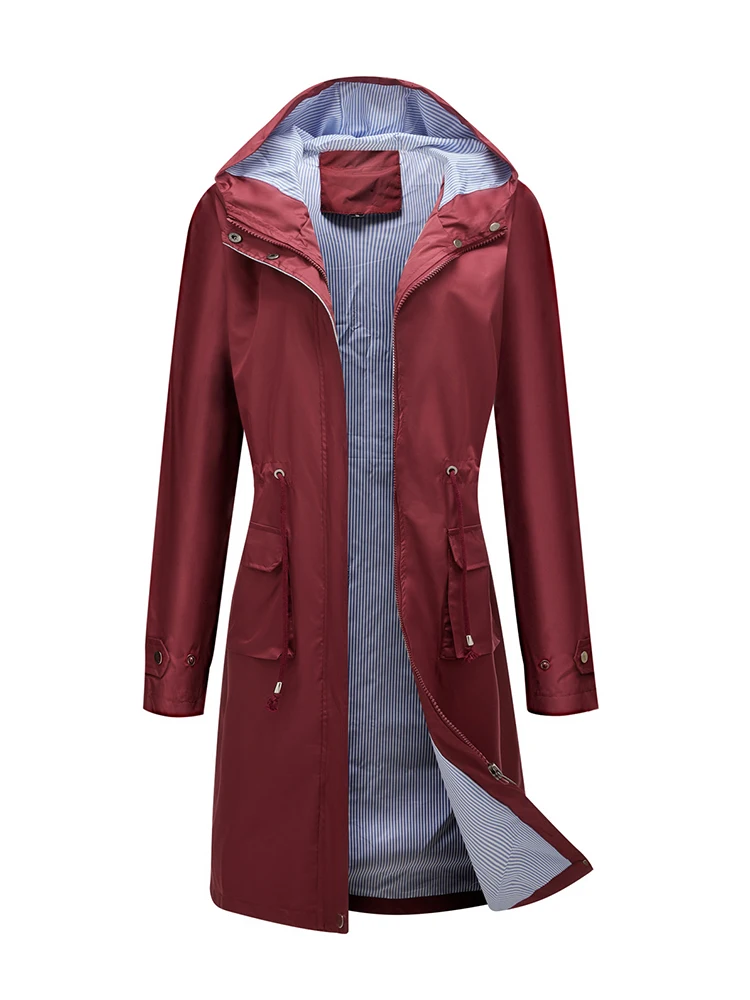 Waterproof Jacket Women Hooded Trench Fashion Outdoor Windbreaker Coat Loose Striped Lining Drawstring Long Blazer Autumn Winter