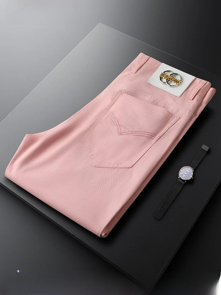 

Модные розовые повседневные брюки приталенного кроя для мужчин, прямые летние брюки с модной брендовой этикеткой, удобные длинные брюки
