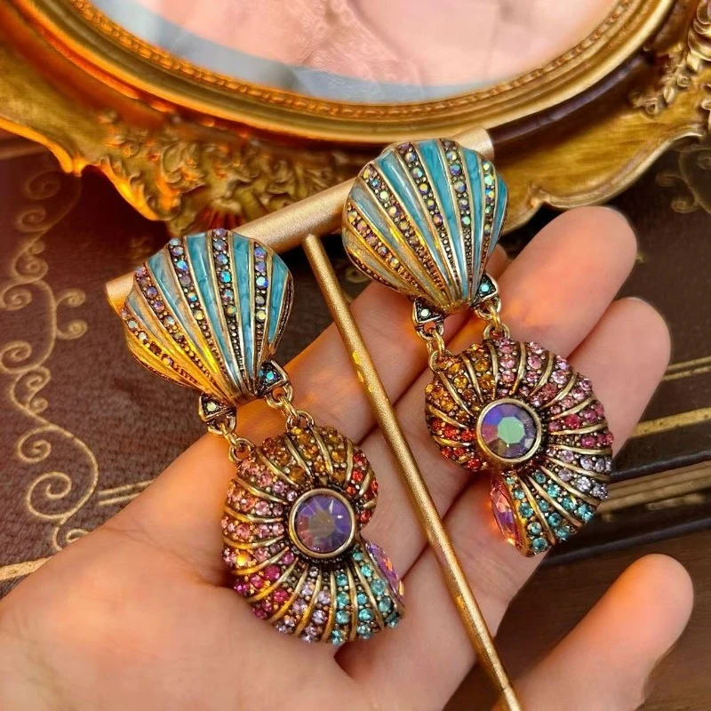 European Exaggerated Vintage Shell Conch Drop Earrings, Blue Enamel Glass Inlaid Aged‑Finish Retro Women Statement Ear Jewelry