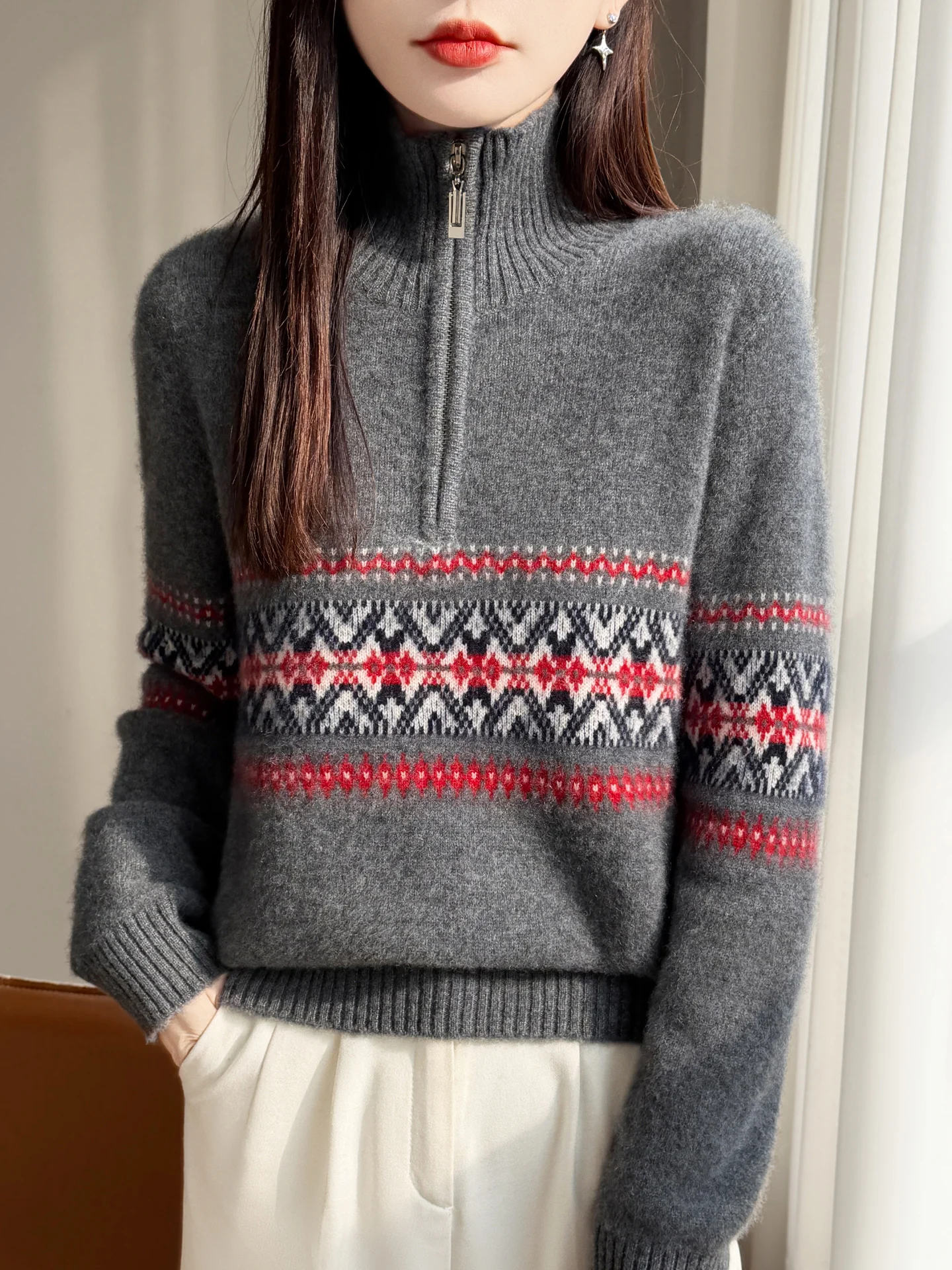 100% Merino Wool Women's High Neck Half Zip Pullover Aautumn Winter Casual Fashion Cashmere Knitted Sweater