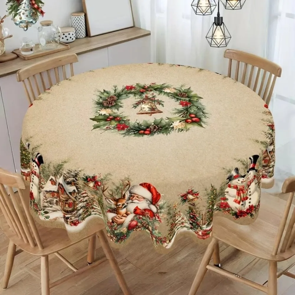 Polyester Christmas Tablecloth Round/Rectangle Santa Claus Print Holiday Table Decor Xmas Tablecloth New Year Celebration