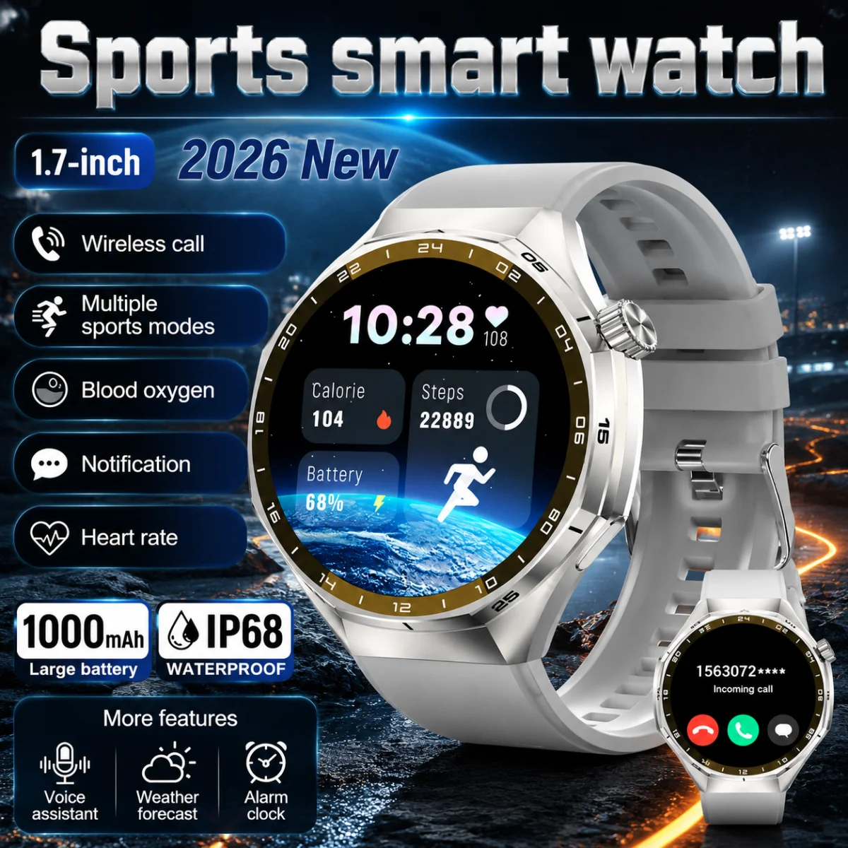 LIGE Business Wireless Call Smart Watch 1000mAh Big Battery 1.7" HD Screen 100+ Sports Modes IP68 Waterproof Heart Rate Monitor