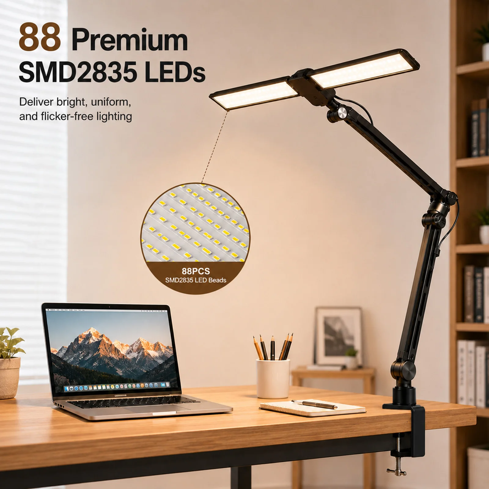 Double‑Head Clip‑on LED Desk Lamp 3 Color Modes 10 Brightness Levels USB Powered Metal Swing Arm Clamp Lamp for Study Office