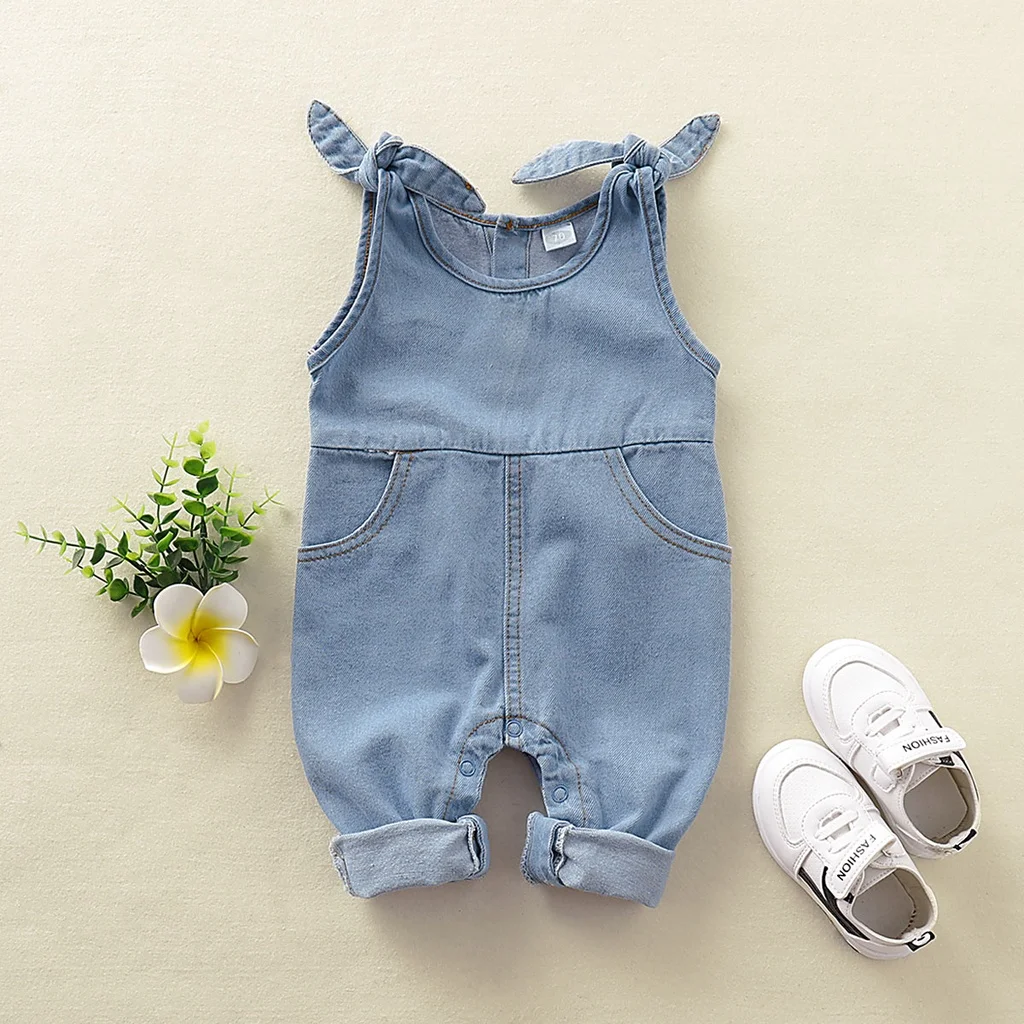 Newborn Baby Girl and Boy Romper Denim Solid Tether Sling Button Baby One Piece 0-12 Months Unisex Fashion Romper Jeans