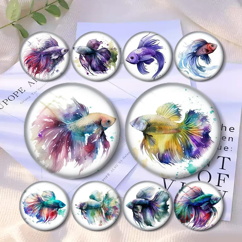

Betta Fish Fighting Watercolor 10pcs 12mm/18mm/20mm/25mm Round photo glass cabochon demo flat back Making findings