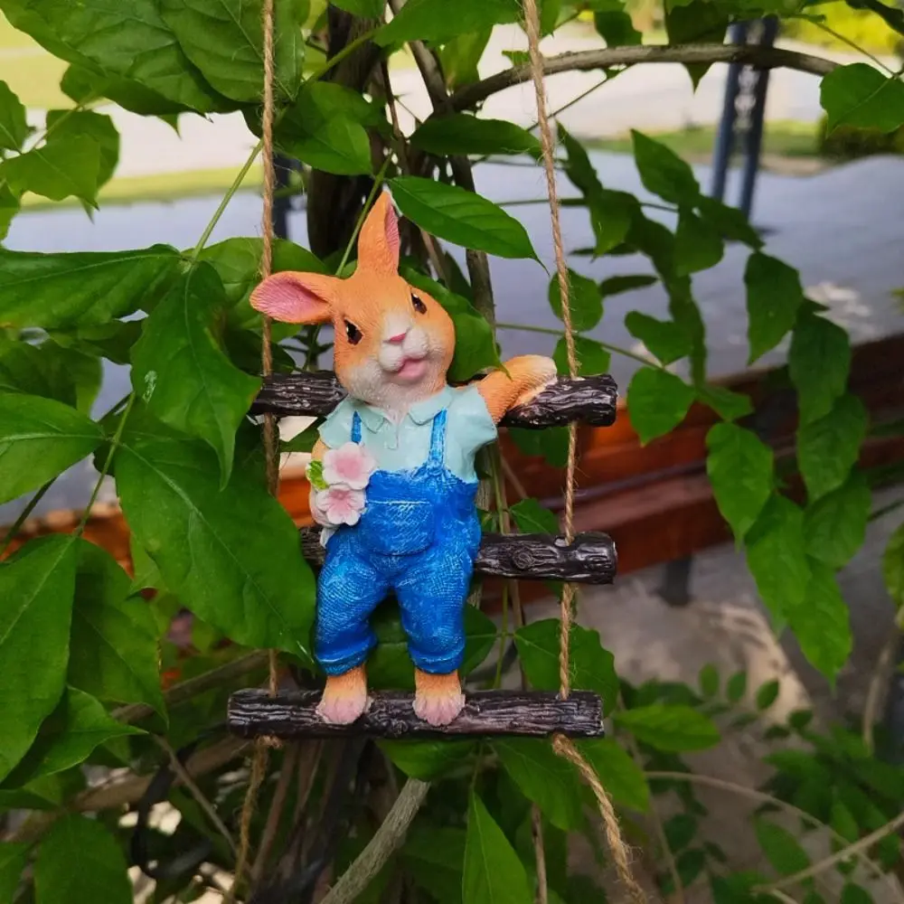 Resin Rabbit Tree Hanging Cute Creative Bunny Statue Pendant Cartoon Waterproof Miniatures Figurine Kindergarten Landscape