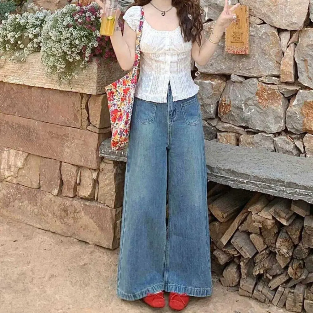 Female Jeans 2024 Retro American High Waist Loose Drape Dragging Floor Wide Leg Denim Trousers Slim Soft Flared Pants