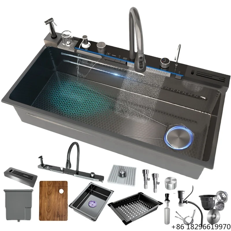 

New Trend Smart Black Stainless Steel Kitchen Sink Multifunctional Large Single Sink Dishwasher Compatible Hotel