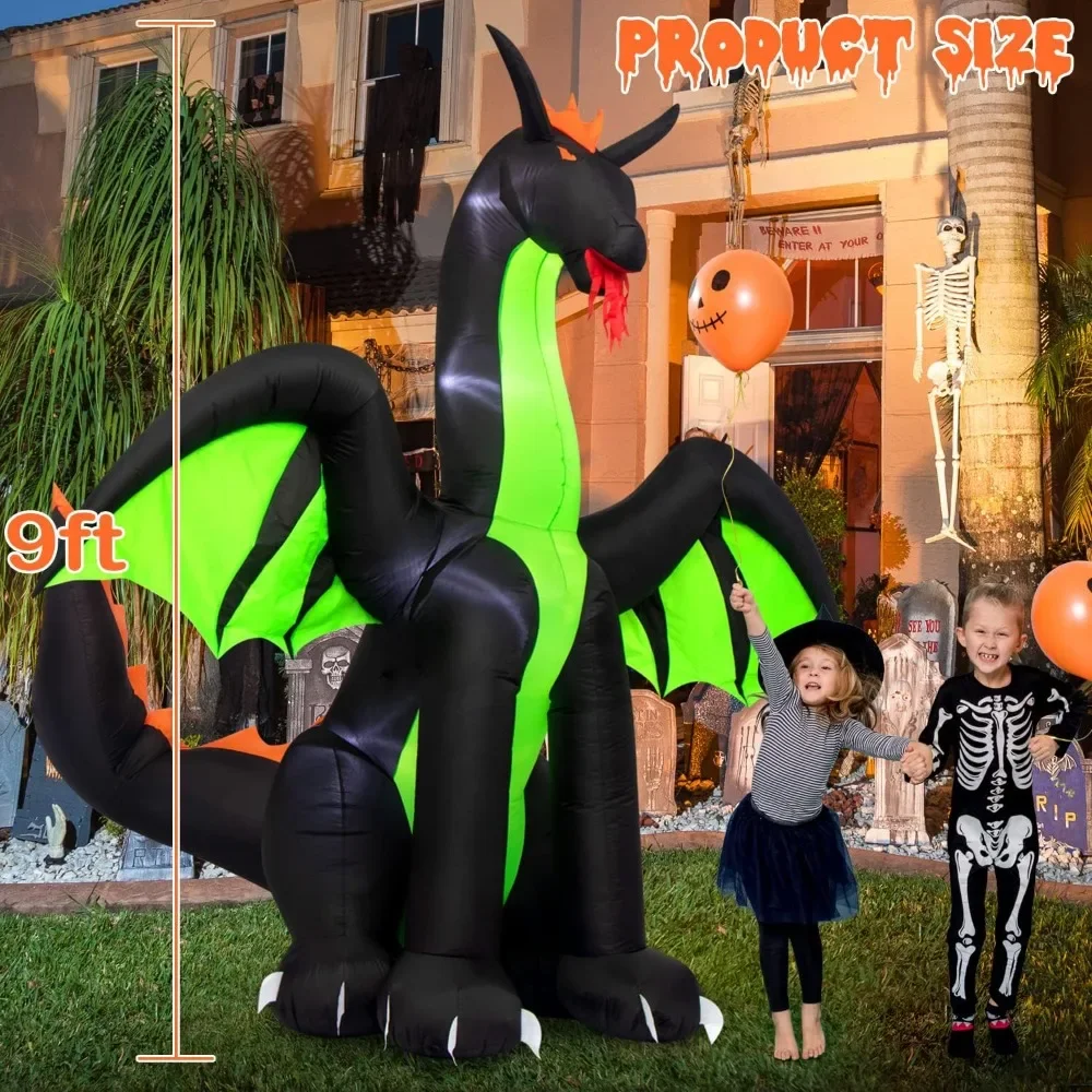 Halloween Inflatables 9FT Giant Inflatable Dragon Halloween Decorations with Wings, Built-in LEDs Halloween Blow Up Yard