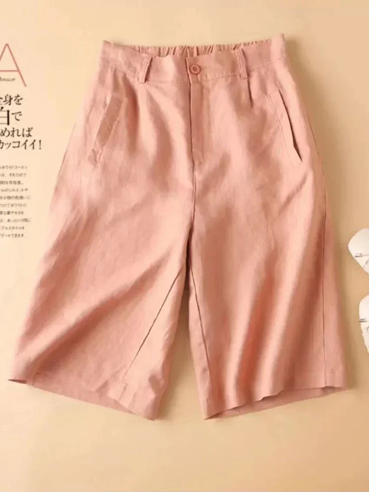 الكتان المرأة الصيف السراويل عارضة مرونة الخصر السراويل البيضاء الصلبة الأساسية فضفاضة واسعة الساق القطن الكتان المرأة عالية الخصر قصيرة