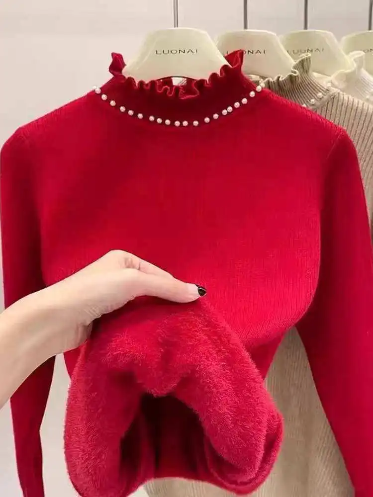 

Женская модная трикотажная кофта Slim Fit с длинным рукавом, на флисовой подкладке, с высоким воротником, осенне-зимняя, с деревянными элементами