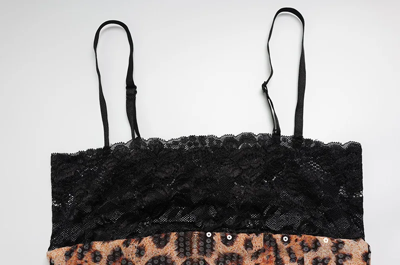 レースパッチワークヒョウ柄スパンコールミディドレス女性セクシーなストラップレススパゲッティストラップ背中の開いたスリットボディコンパーティークラブウェアローブ