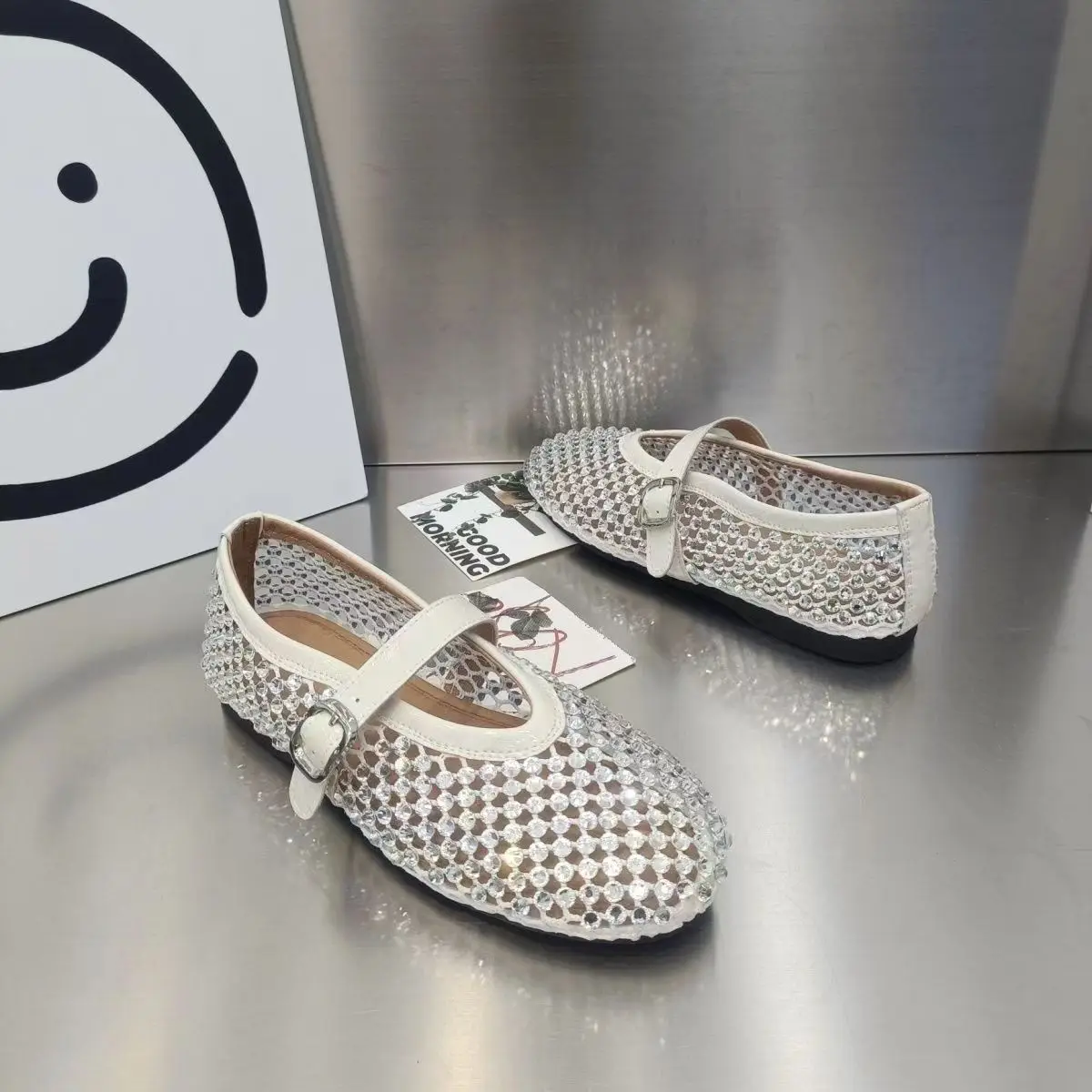 Women Sandals 2024 Summer New Crystal Mesh Women Ballet Flats Buckle Strap Mary Janes Sandals Fashion Beach Shoes Zapatos Mujer