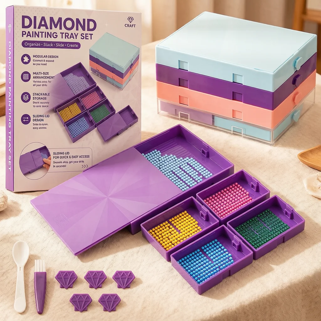 DIY 5D Diamond Painting Tray Set Stackable Modular Drill Beads Storage Organizer Sliding Lid Grid Kit for Adults Art Craft Tools