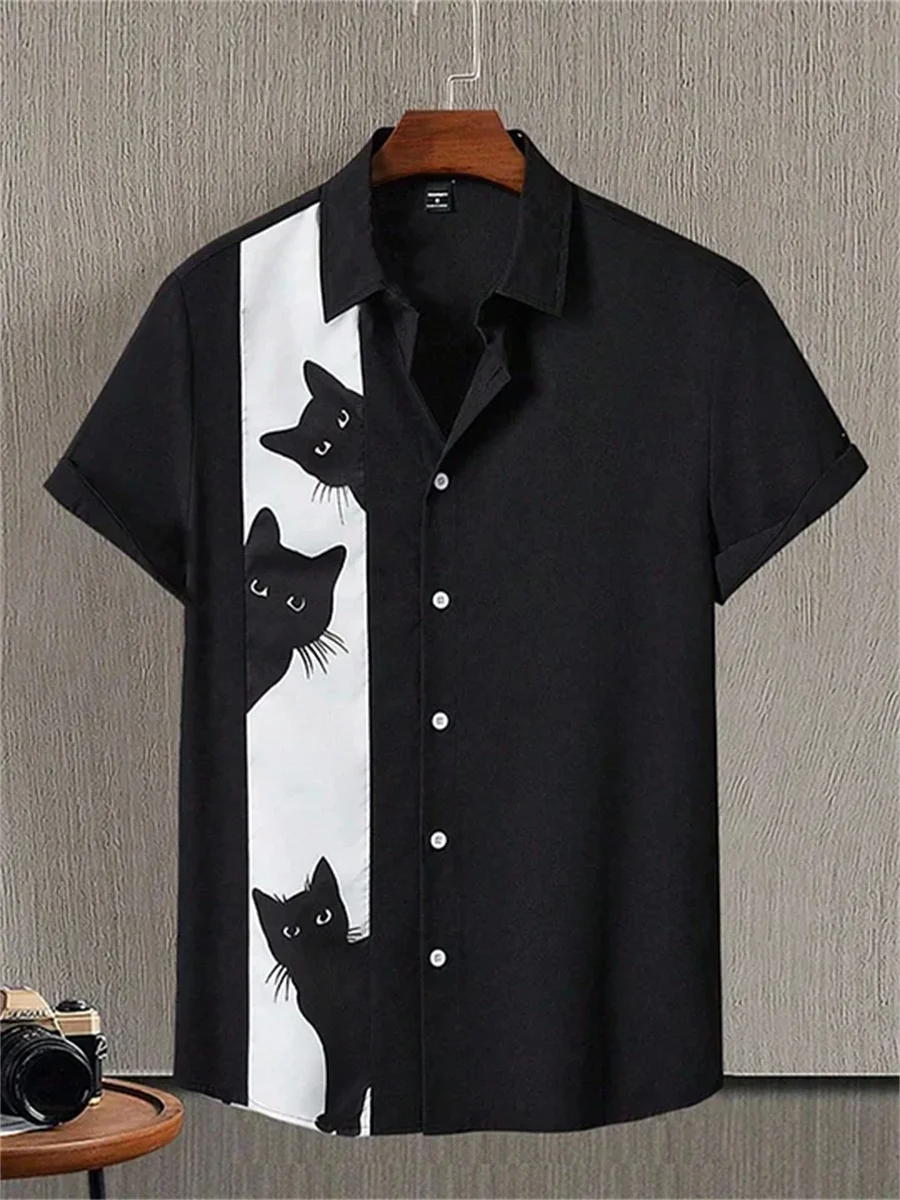

Мужская рубашка с короткими рукавами и принтом кошачьей тематики, повседневный лацкан, свободный крой, гавайский стиль, модная и модная мужская рубашка.