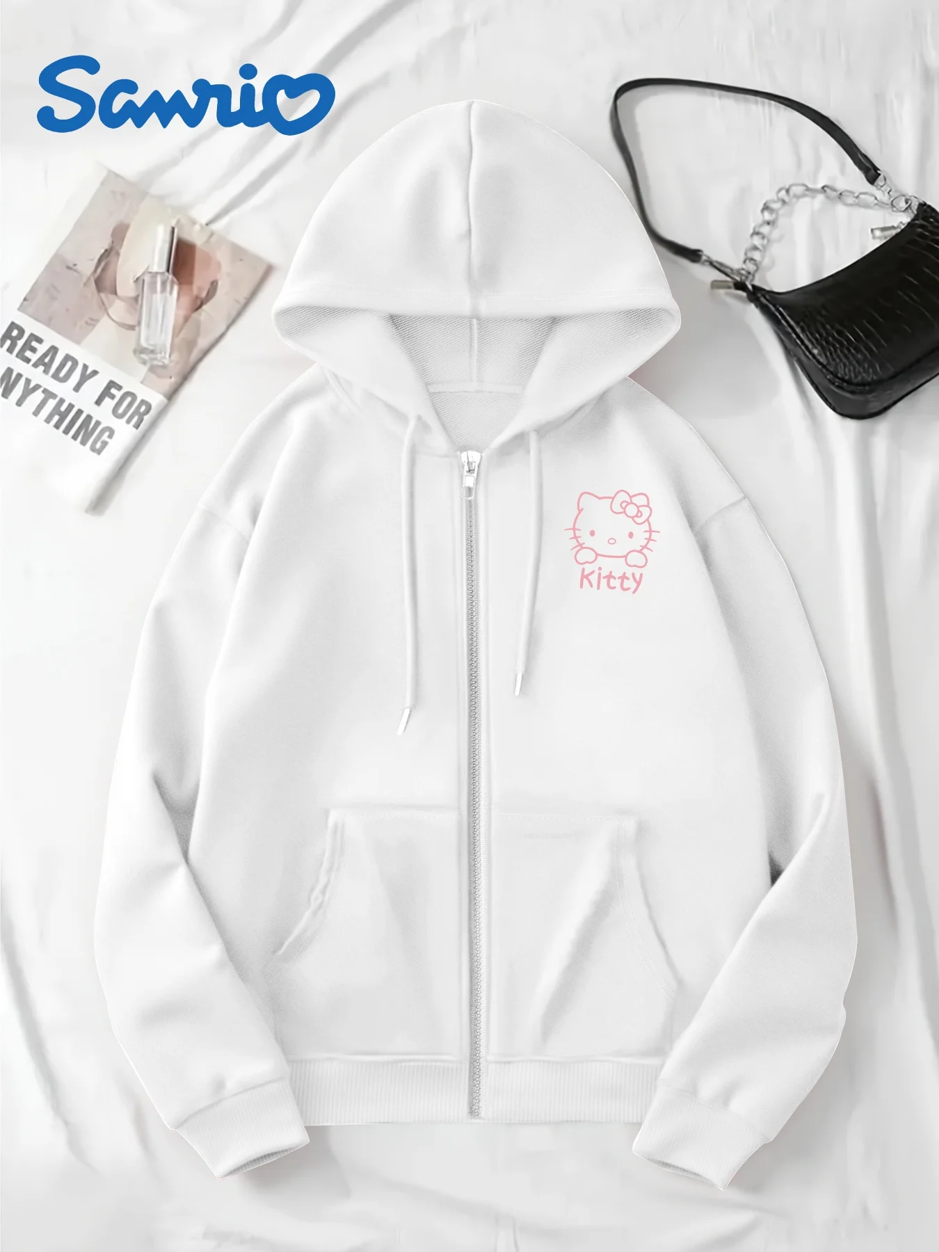 Sanrio Hello Kitty Kuromi related Musterdruck weicher Reißverschluss mit Kapuze lässiges lockeres Sweatshirt Goth Streetwear Damen Hoodies