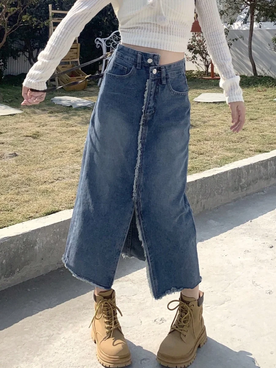 

Retro High Waist Asymmetric Hem Denim Skirt Women's Chic Summer American Style Half-length Skirts Asymmetrical Skirts