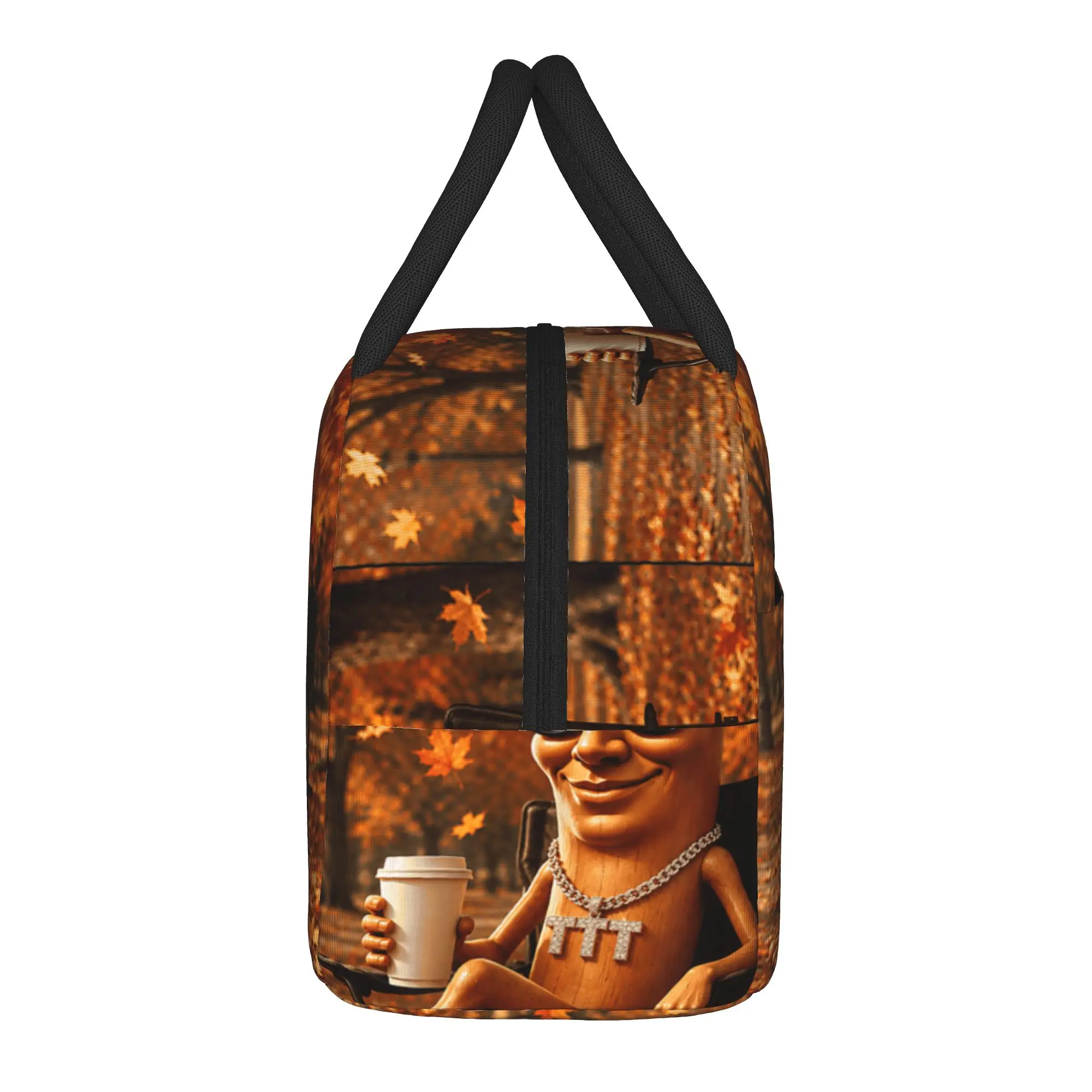 Autumn Park Coffee Time Funny Tung Sahur Brainrot Fall Meme Lunch Bag Outdoor Picnic Lunch Box Women Retro Print Tote Food Bags