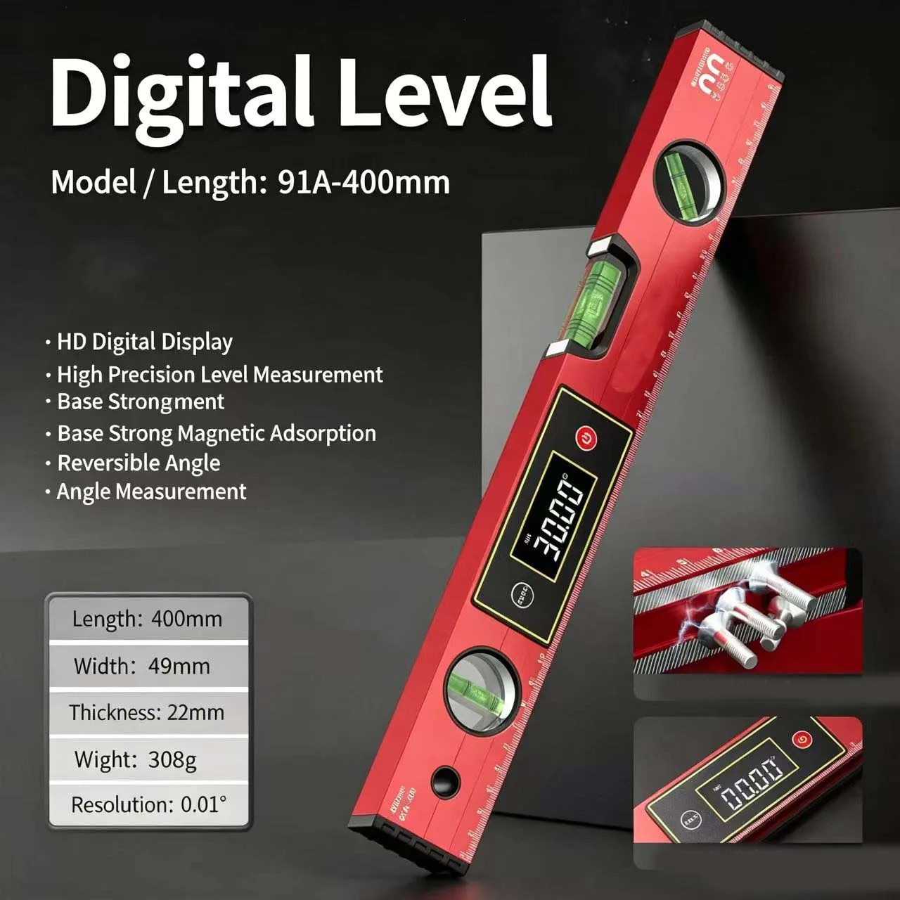Alloy Digital Level with Magnet for Secure Mounting on Metallic Surfaces LCD Display with Auto-Flip for Any Orientation Reading