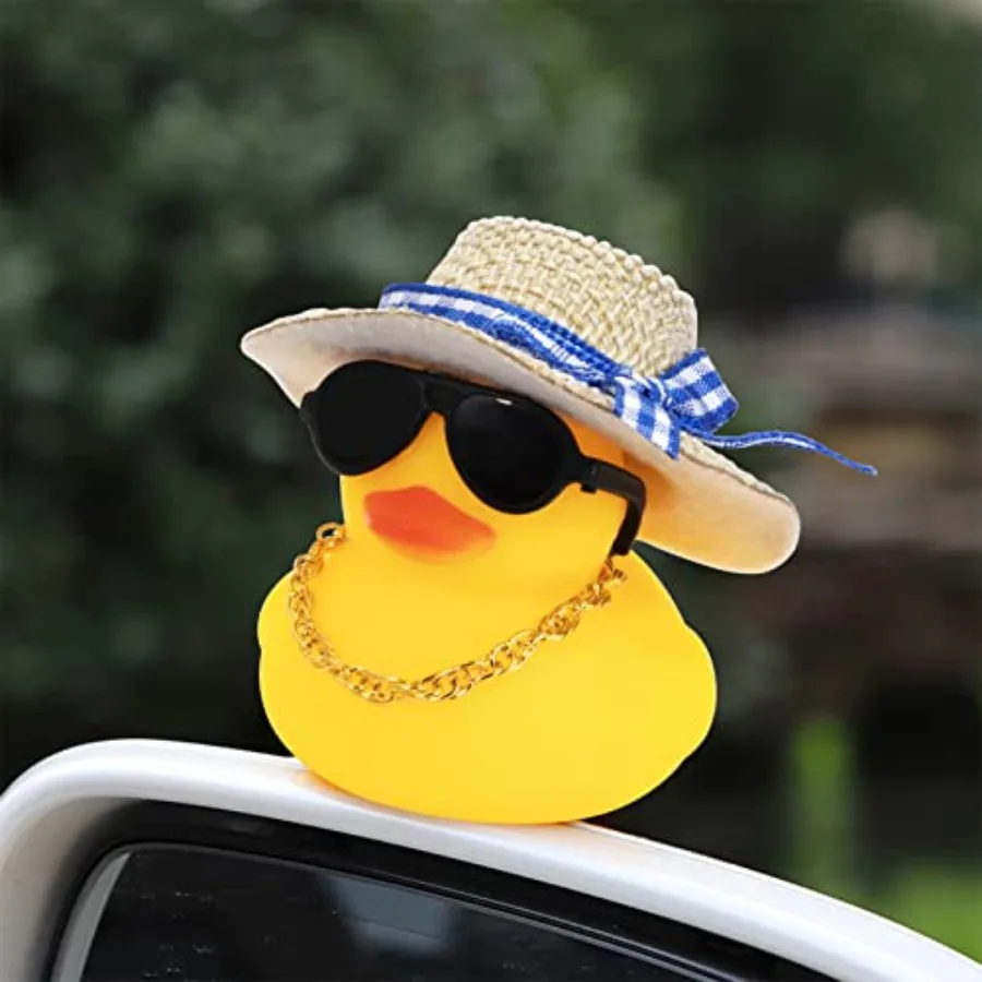 Car Rubber Duck, Yellow Duck Decoration Dashboard with Sun Hat Swim Ring Necklace Sunglasses for Car Dashboard Decorations