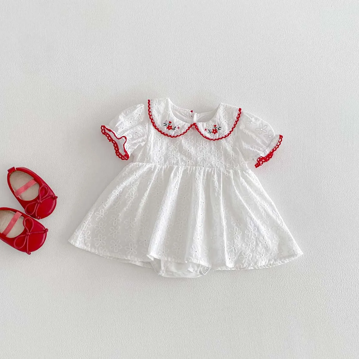 Baby Girl Summer Floral Embroidery Peter Pan Collar Short Sleeve Princess Party Dress 4