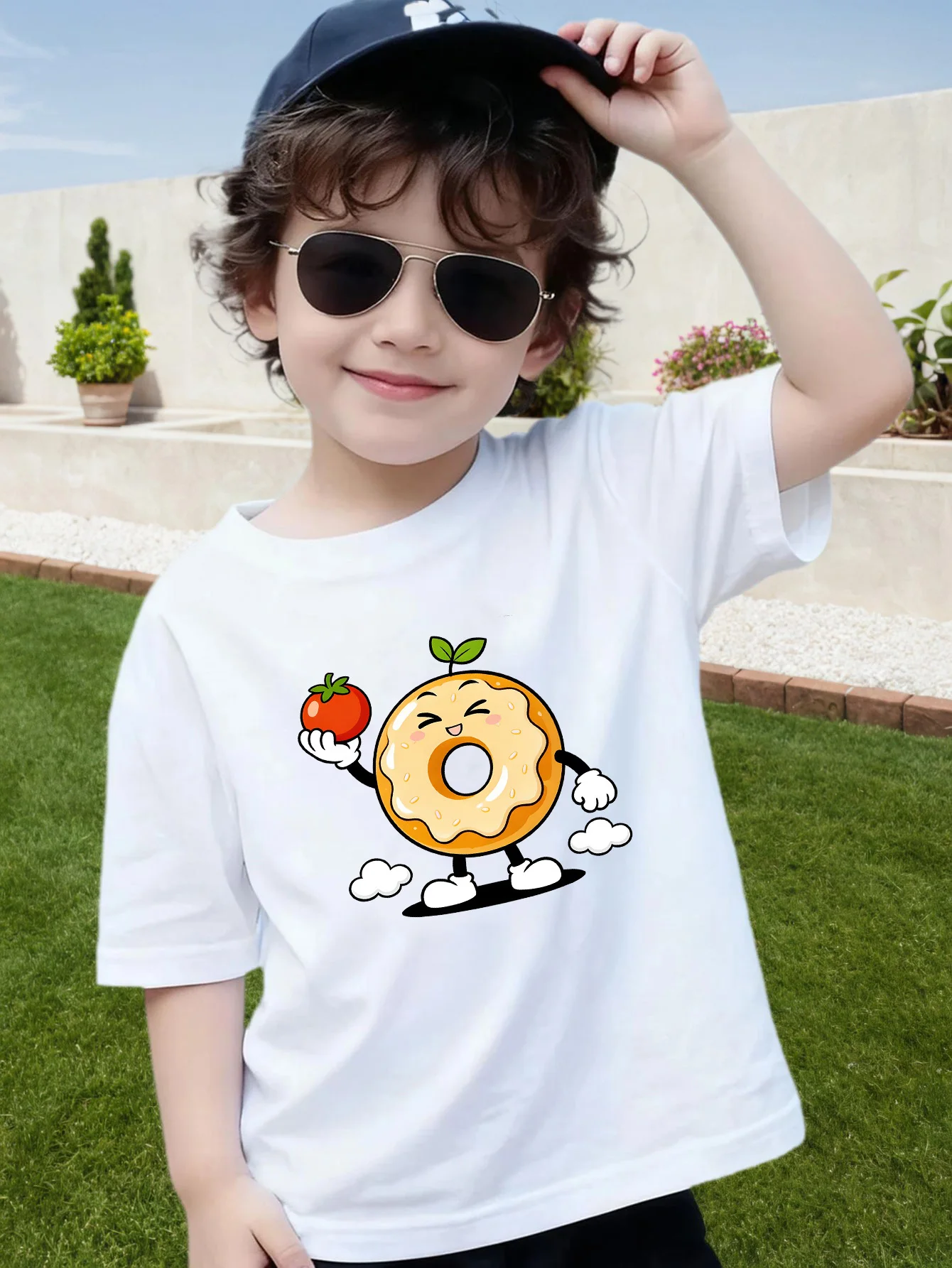 Cartoon Donut Holding Tomato Lovely Print Kids T Shirt Boys Girls Short Sleeve Cotton Family Matching Toddler Daily Casual Tops