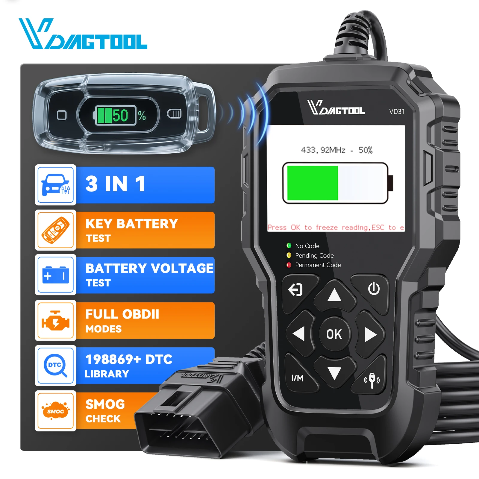 

USA Fast Shipping VDIAGTOOL VD31 3-in-1 OBD2 Car Code Reader Scanner With Car Key Battery Tester For Cars And Trucks