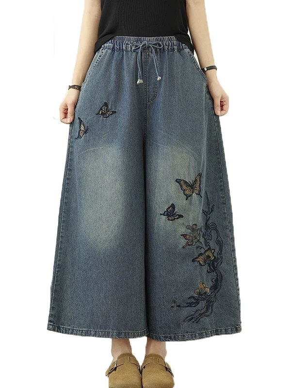 

Retro Embroidered Denim Wide Leg Pants Women's Summer New plus Size Elastic Waist Slimming Nine Point Pants Casual Sle