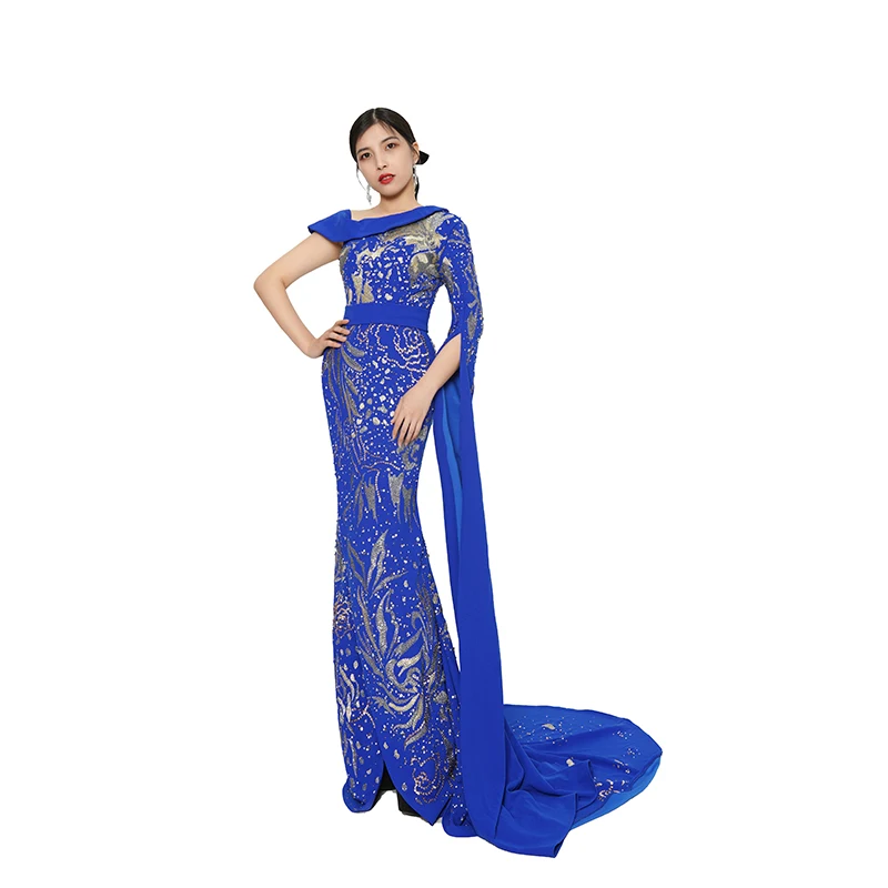 

Baisha Embroidery Rhinestores Custom Evening Dress Lapel Oblique Shoulder Split Skirts With Train Gala Formal Occasions H1013