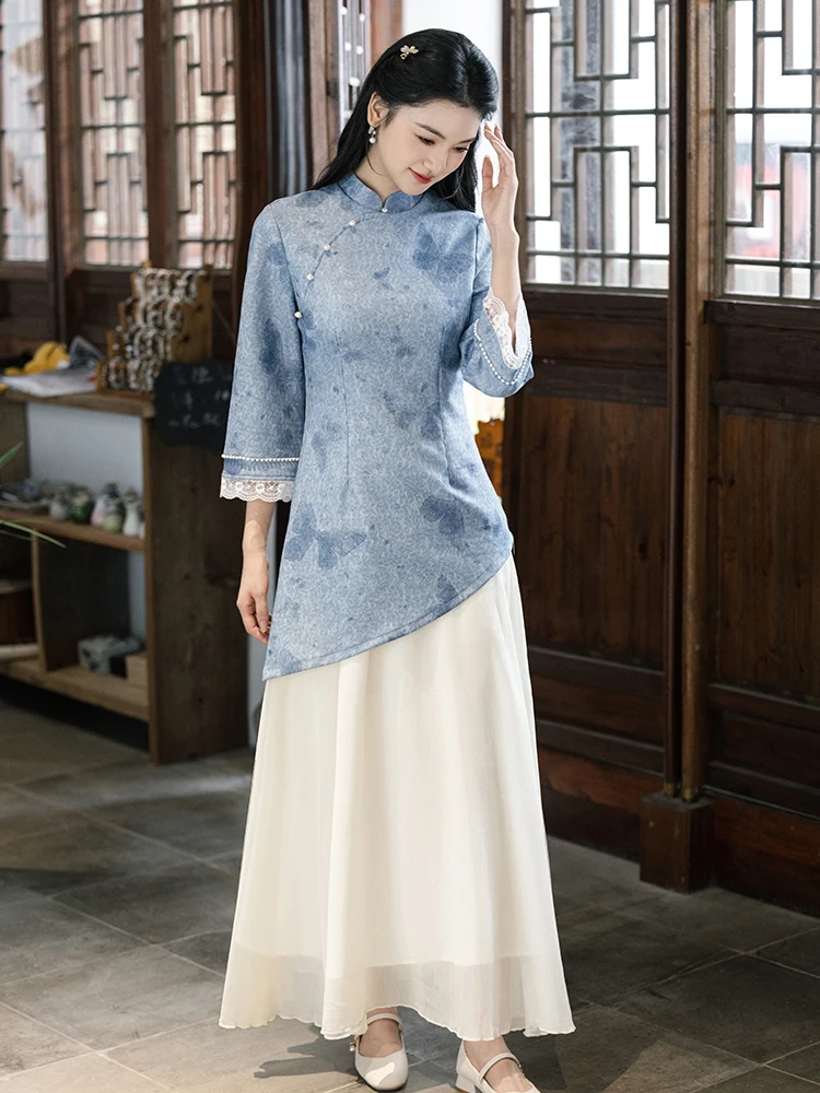 

Элегантное синее платье миди с длинными рукавами в стиле ретро, повседневное, приталенное, в стиле Китайской Республики, модное, красивое, осеннее, новинка