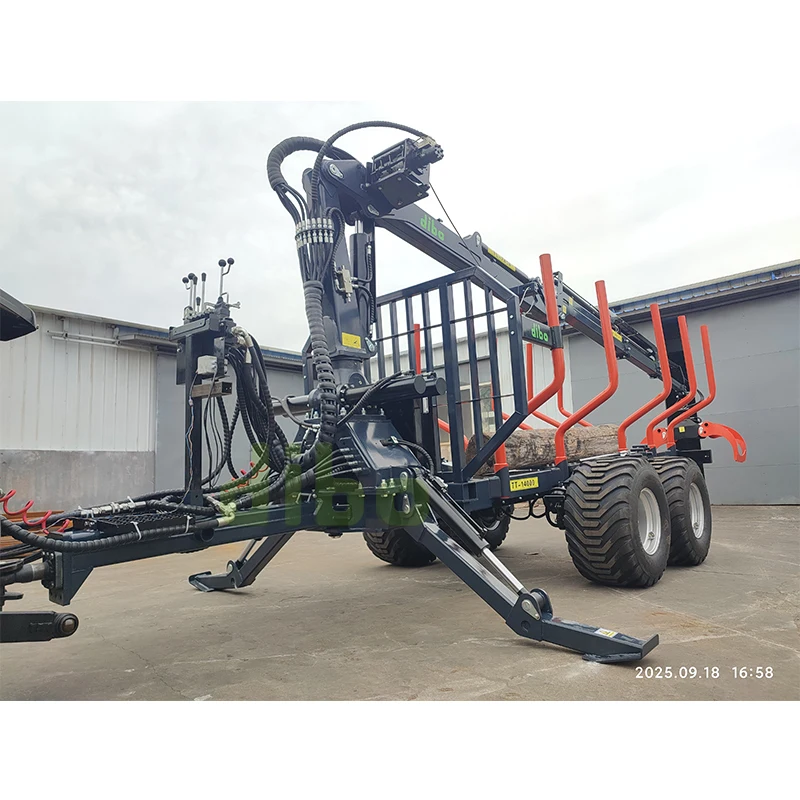 Wood Log Trailer with Hydraulic Crane Grapple, Off Road 4 Wheel Design with Power Pack for Rural Forest Harvest