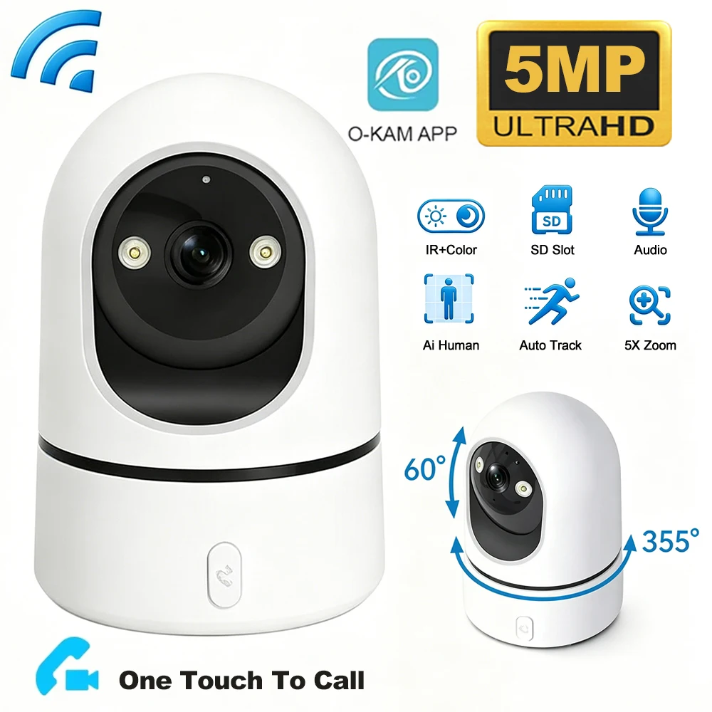 5MP PTZ WiFi Indoor Security Cam One-Touch Call Baby Monitor with Auto Tracking & Color Night Vision, IP CCTV Surveillance O-KAM