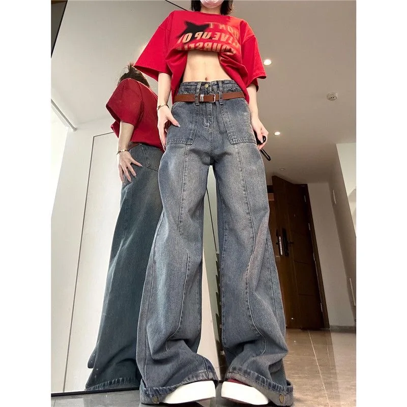 2023 Retro Wash High Waist Baggy Jeans Woman High Street Distressed Wide Leg Pants Oversized Street Straight Leg Trousers Women