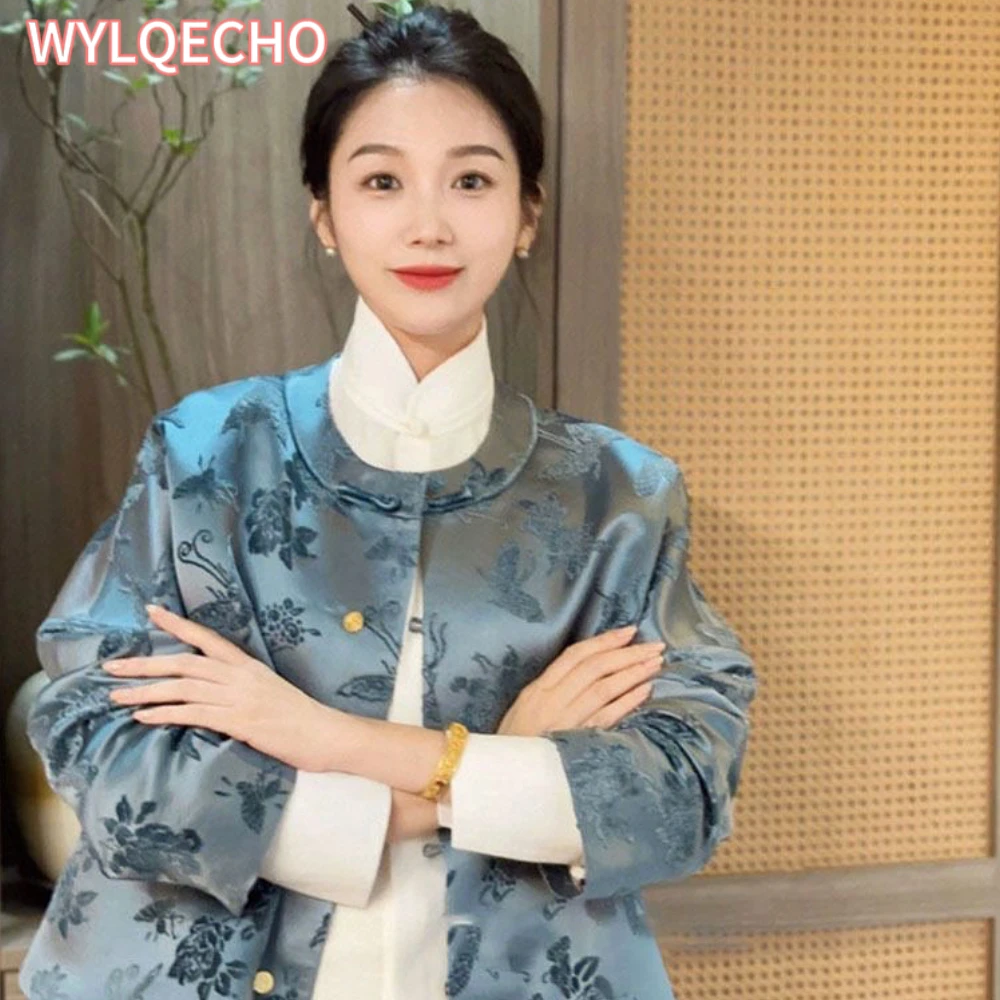 

2023 Traditional Chinese Qipao Blouse National Flower Embroidery Women Autumn New Tangsuits Top Women Elegant Daily Blue Coat