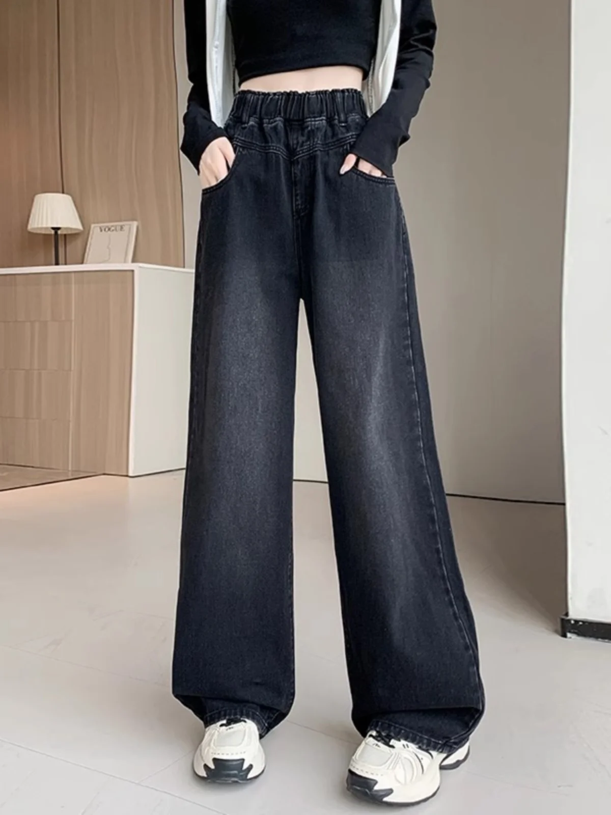 

Bla Straight Leg Jeans Women's plus Size Elastic Waist Faionable Wide Leg Pants Spring Autumn Casual Teenage Girls Jeans