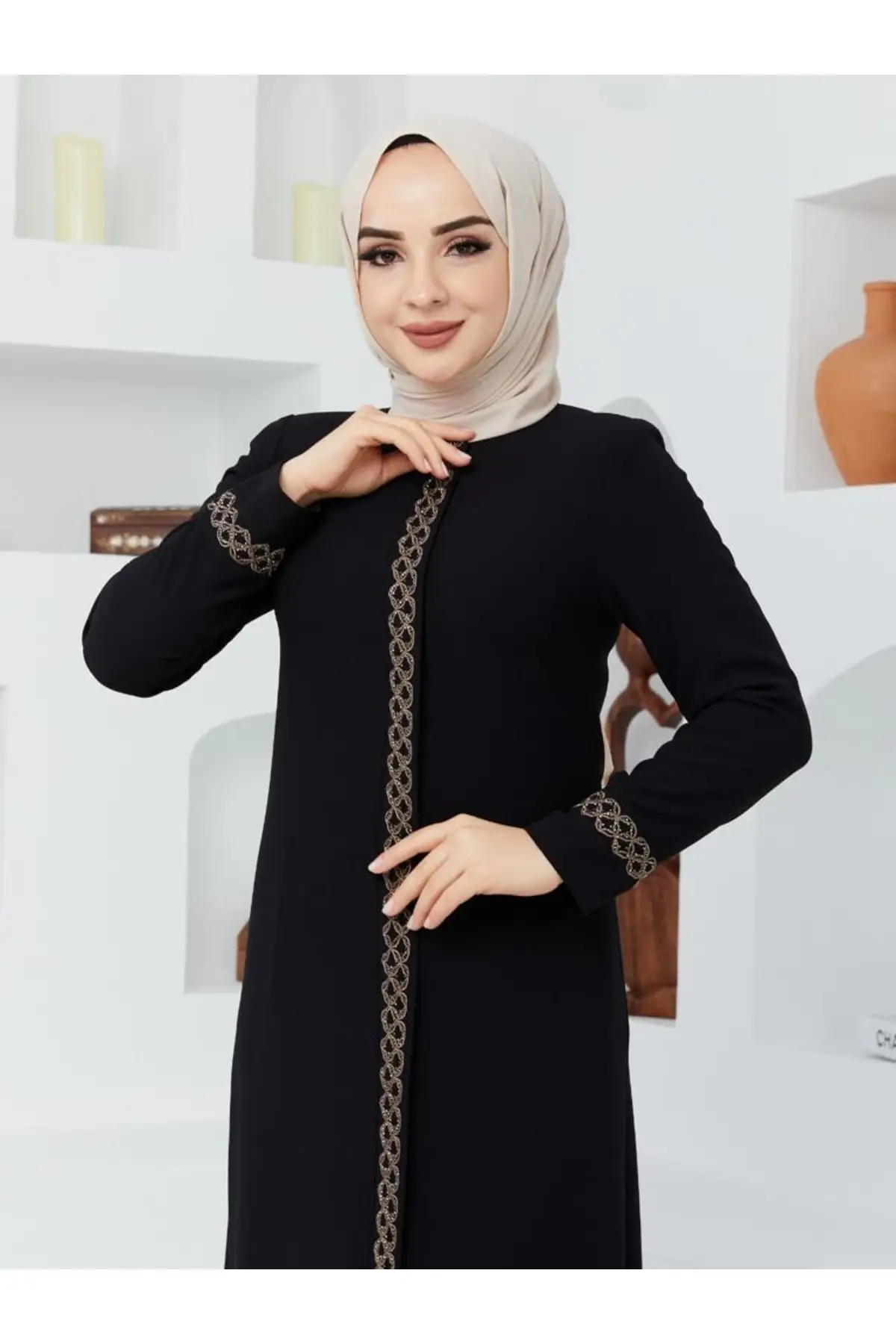 Stone Embroidered Abaya Arm and Stripe Stone Embroidered-Muslim Woman Ferace Abaya