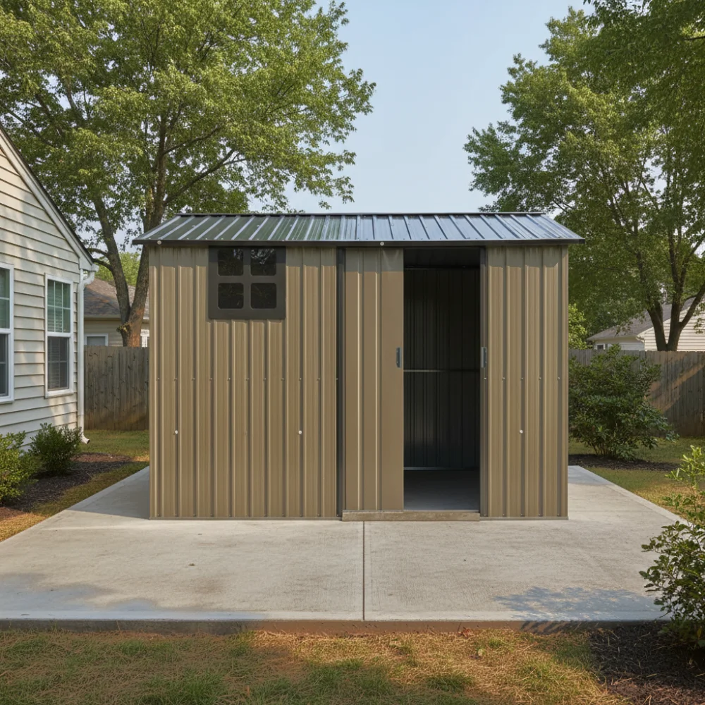 8*6 FT Galvanized Steel Outdoor Storage Shed with Sliding Door, Heavy Duty Metal Tool Shed with Window & Vents, Weatherproof Utility Shed for Backyard Patio Lawn,Brown Black