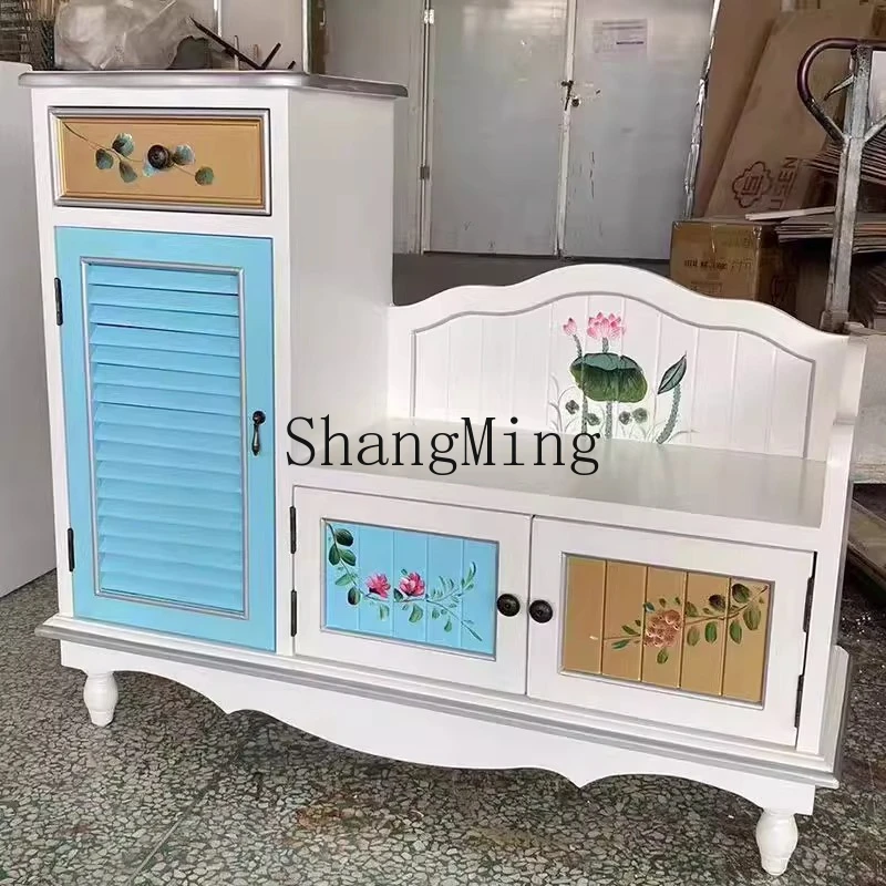 CL  multi functional storage shoe changing stool retro painted storage shoe cabinet walnut casual creative shoe stool