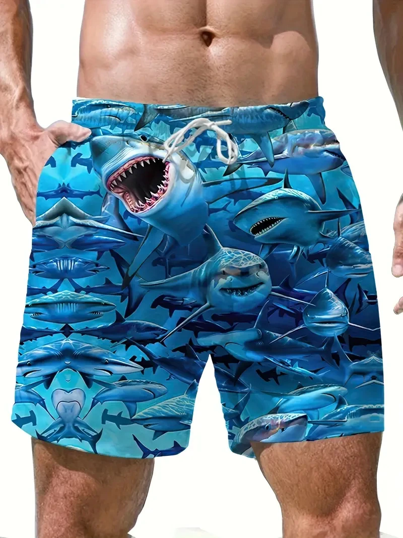 Новые мужские гавайские шорты для плавания с 3D принтом акулы, пляжные шорты, быстросохнущие спортивные шорты на открытом воздухе, модные летние мужские плавки