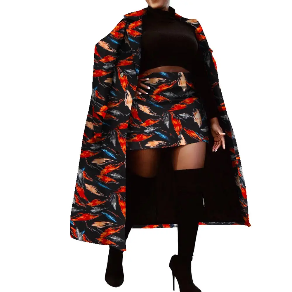 2 Pieces Set African Clothes for Women African Print Tops and Skirts Women Traditional African Long Trench Coat Skirt Set WY001
