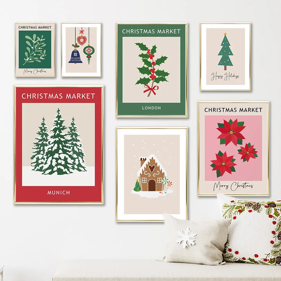 Merry Christmas Wall Art Canvas Painting - Decorative Tree Garland Poster Print for Living Room Decor Festive Home Decoration